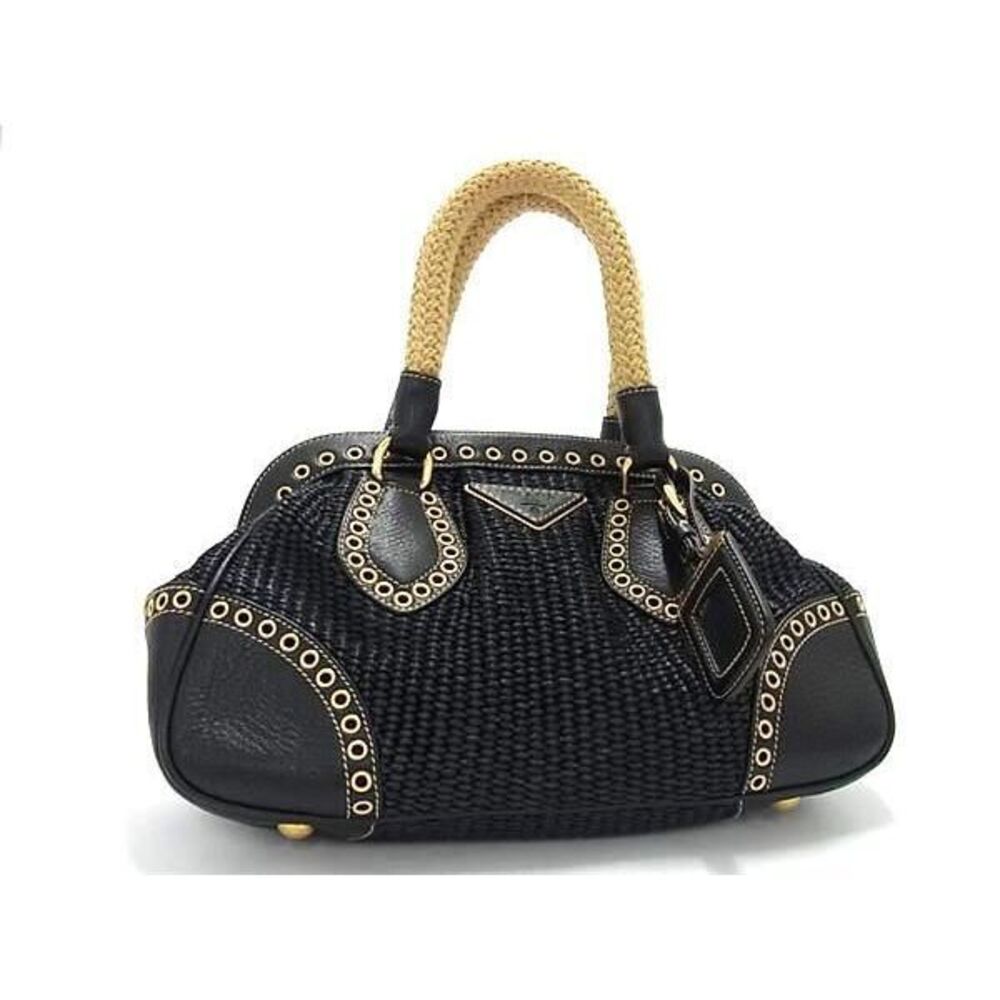 PRADA Straw Tan Leather Handbag Tote Bag Black